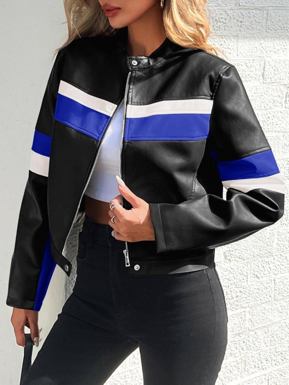 Women's Black Blue Polyester Faux Leather Color Vintage Racing Bomber Jacket - Picture 2 of 6